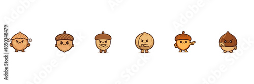 Funny cartoon acorns showing different expressions and poses in a simple arrangement on a plain background