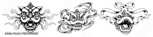 Set of three traditional Chinese guardian lion and lion dance head illustrations in detailed line art style