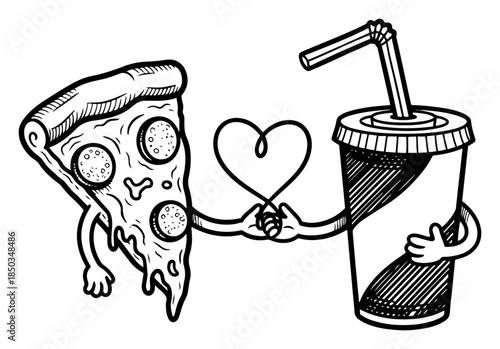 Funny cartoon illustration of pizza slice and soda cup holding hands as perfect pair