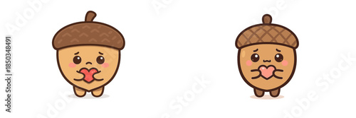 Cute cartoon acorns expressing emotions of affection and sadness in a bright and colorful setting with simple features