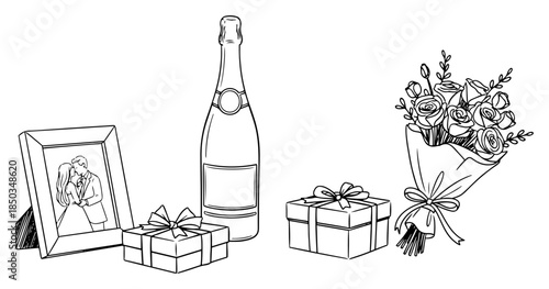 Wedding celebration set with champagne bottle gift boxes and photo frame