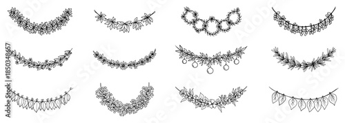 Set of twelve hand drawn floral garlands and decorative botanical borders