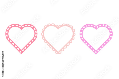 Three heart shapes appear in various designs. They feature different styles such as dotted, scalloped, and star-patterned edges