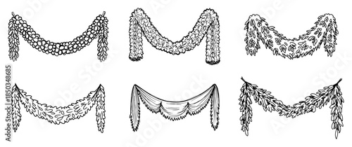 Set of thick hanging floral garlands and decorative wedding drapes