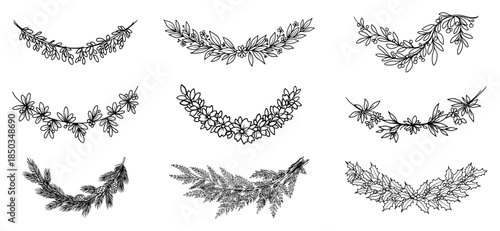 Collection of festive Christmas pine garlands and winter floral swags