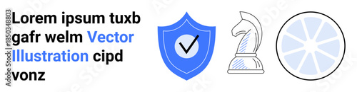 Cybersecurity, strategy, decision-making, planning, protection, secure systems. Shield with checkmark, chess knight abstract diagram. Cybersecurity and strategy are the central concepts