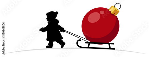 Little child silhouette pulling a sled with a huge red christmas bauble