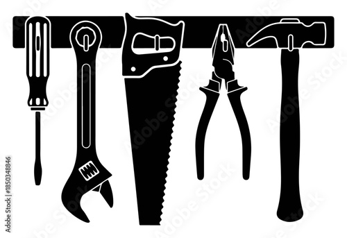 Black silhouette set of handyman tools hanging on a storage rack
