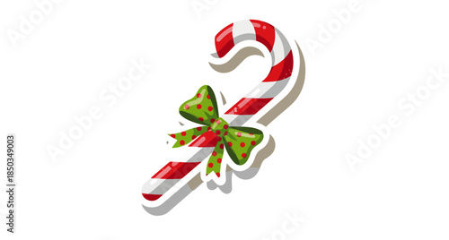 Striped christmas candy cane with green ribbon bow sticker icon