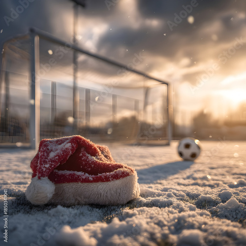 Wallpaper Mural Santa hat on winter snowy soccer field, goal and ball in background. Concept of Christmas celebration blending with resting summer sport field. Torontodigital.ca