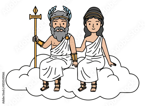 Cartoon greek gods zeus and hera sitting together on a white cloud
