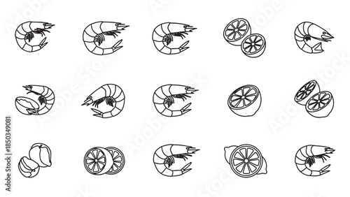 Minimalist line art pattern featuring outlined shrimp and lemons, suggesting freshness