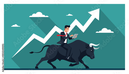 Businessman riding a black bull with upward financial growth arrow background