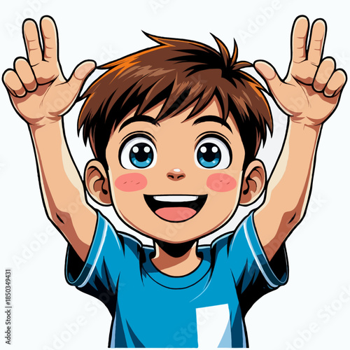 Happy young boy celebrating with hands raised in cartoon style  