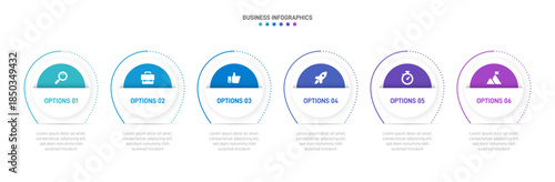 Progress bar featuring 6 arrow-shaped elements, symbolizing the six stages of business strategy and progression. Clean timeline infographic design template. Vector for mobile presentation.