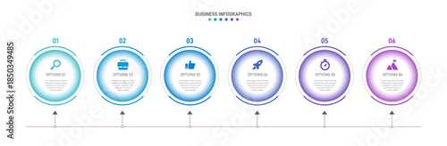 Progress bar featuring 6 arrow-shaped elements, symbolizing the six stages of business strategy and progression. Clean timeline infographic design template. Vector for mobile presentation.