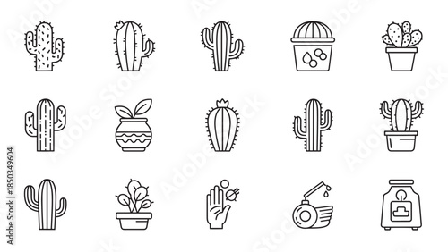 Minimalist line drawing featuring a variety of potted plants, including cacti, and other stylized icons