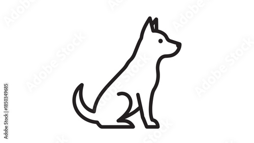 Minimalist outline of a dog sitting, head in profile, with short ears and curled tail on a white background