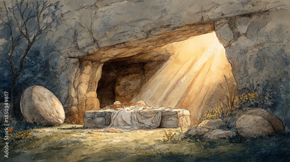 custom made wallpaper toronto digitalWatercolor depiction of a tomb with an open entrance, sun rays beaming from inside, and a large stone nearby