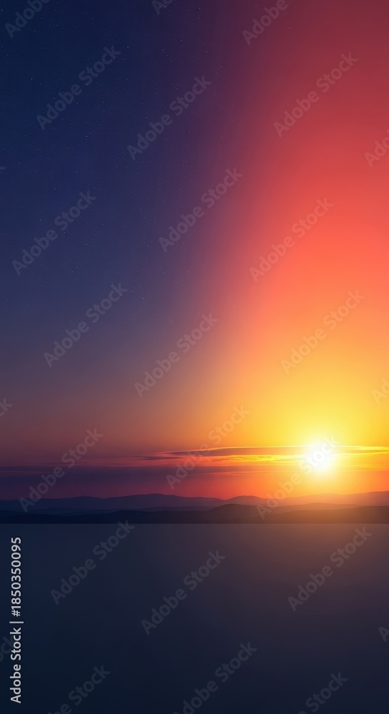 Obraz premium Wide panoramic landscape showing the atmospheric transition from deep twilight darkness to the vibrant colors of the rising morning sun, twilight, panorama, change