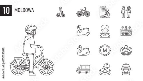 Moldova travel icons cyclist, swan, tourism symbols in line art