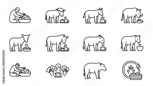 Monochrome icons of animals and humans interacting with objects on a white background in a line drawing style