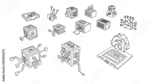 Monochrome, line-art illustration of cubic tech gadgets and a geometric brain on a flat square platform