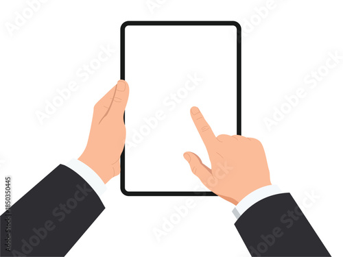 Hands holding tablet computer with blank screen and finger touching display
