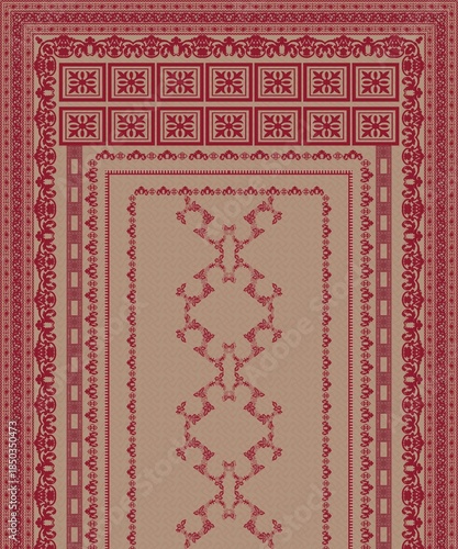 Traditional Red Floral Carpet Design – Ornamental Rug with Geometric Borders on Beige