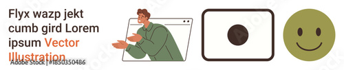 Digital communication, user interaction, web design, online education, emoticons, virtual tools. A man extends his hands from a browser window alongside geometric shapes and a smiling face icon
