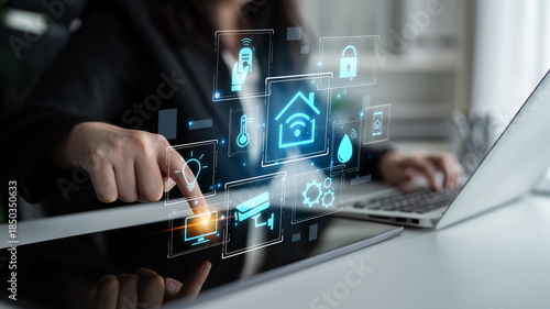 Concept of a smart home and the Internet of Things (IoT). A central system controls home automation features like security, lighting, and climate for modern, convenient living. Fermion