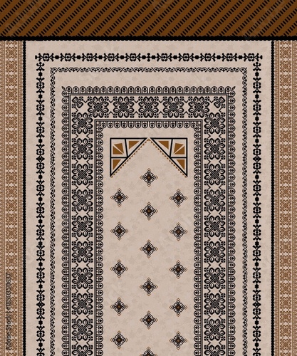 Symmetrical Diamond Motif Carpet – Ornamental Textile with Floral and Geometric Borders in Earth Tones