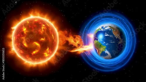 Solar plasma eruption racing toward Earth as the magnetic field deflects coronal mass ejection energy to shield the planet from radiation