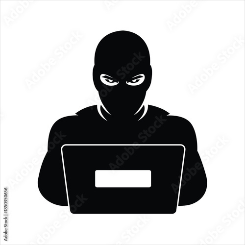 Hacker in ski mask using laptop computer isolated on transparent background
