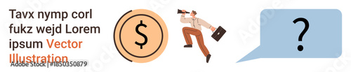 Business goals, finance, decision-making, communication, investments, problem-solving. Businessman with briefcase and megaphone, dollar sign question mark. Finance and decision-making concepts