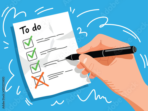 Hand checking off completed tasks on a to do list with pen on blue background