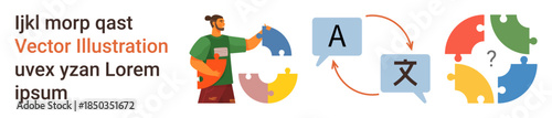 Language learning, translation services, communication, multilingual support, globalization, education. Human figure holding a puzzle piece, icons thumbs up letters and arrows. Language learning