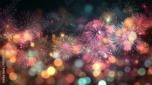Dazzling display of vibrant fireworks exploding in the night sky. Bokeh lights add to the celebratory, joyful, and festive atmosphere