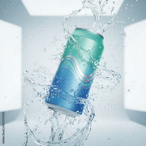 Vibrant soda can splashing in water with a modern design and refreshing look