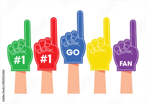 Group of five foam fingers in different colors showing support and cheering
