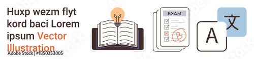 Education, language learning, translation, study tools, academic resources, exam preparation. An open book with a light bulb, exam checklist and language translation icon. Education and language