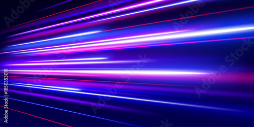 Abstract speed lines shine with red and blue light. Particles and blur effects emphasize fast movement. The illustration delivers a strong sense of power and flow.