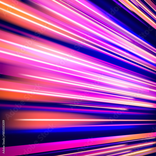 Bright neon streaks cut through the night background. Motion blur and light particles enhance the feeling of acceleration. The illustration represents speed, technology, and digital energy.