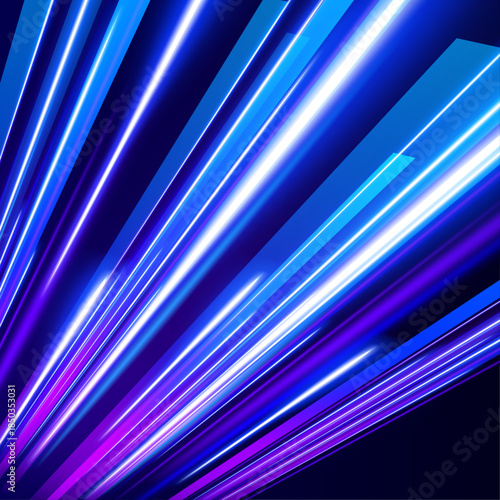 Fast glowing lines rush through a dark space. Neon blue and red beams blend with motion blur and particles. The abstract scene feels energetic, modern, and full of speed. 