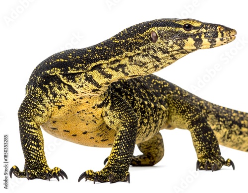 Monitor lizard close-up against white background. Yellow & black scales. Profile, alert posture. Eyes focused, claws visible