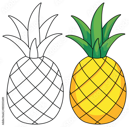 Pineapple illustration showing a bright yellow fruit with crisscross patterned skin glossy highlights and layered green leaves created in a clean minimal style for food themed designs