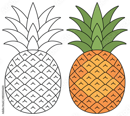 Pineapple illustration showing a bright orange fruit with patterned skin smooth highlights and layered green leaves created in a clean minimal style for food themed designs