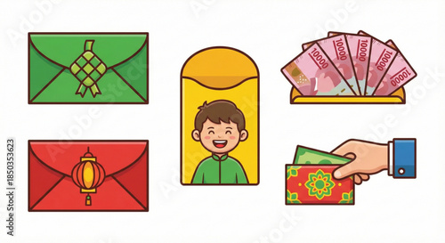 Cheerful vector illustration set highlighting the cultural traditions of giving and receiving, with festive envelopes, cash, and a happy child celebrating holiday blessings