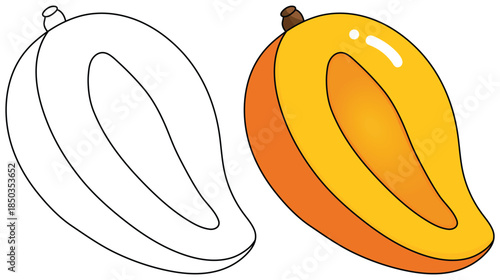 Mango illustration showing a sliced bright yellow tropical fruit with smooth juicy interior and glossy highlights presented in a clean minimal style for food themed designs