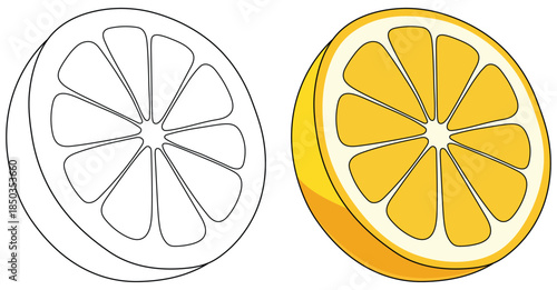 Lemon illustration showing a bright yellow citrus slice with clean segments and smooth glossy shading created in a simple minimal style for fresh food themed designs